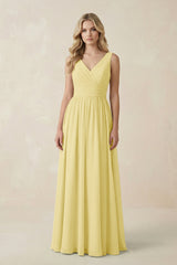 V - Neck A - Line Bridesmaid Dress with Back Bow in Pastel Yellow - KISS BRIDAL Bridesmaid Dresses
