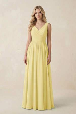 V - Neck A - Line Bridesmaid Dress with Back Bow in Pastel Yellow - SHE IS ME Bridesmaid Dresses