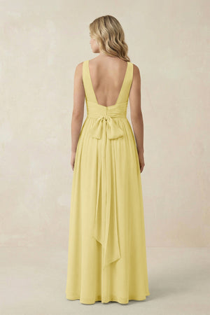 V - Neck A - Line Bridesmaid Dress with Back Bow in Pastel Yellow - SHE IS ME Bridesmaid Dresses