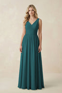 V - Neck A - Line Bridesmaid Dress with Back Bow in Pine - SHE IS ME Bridesmaid Dresses