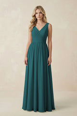 V - Neck A - Line Bridesmaid Dress with Back Bow in Pine - KISS BRIDAL Bridesmaid Dresses