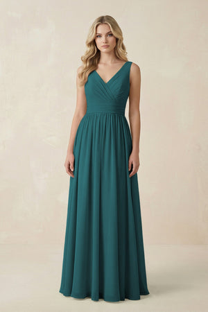 V - Neck A - Line Bridesmaid Dress with Back Bow in Pine - SHE IS ME Bridesmaid Dresses