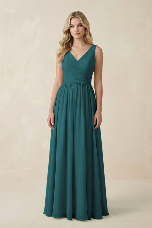V - Neck A - Line Bridesmaid Dress with Back Bow in Pine - SHE IS ME Bridesmaid Dresses