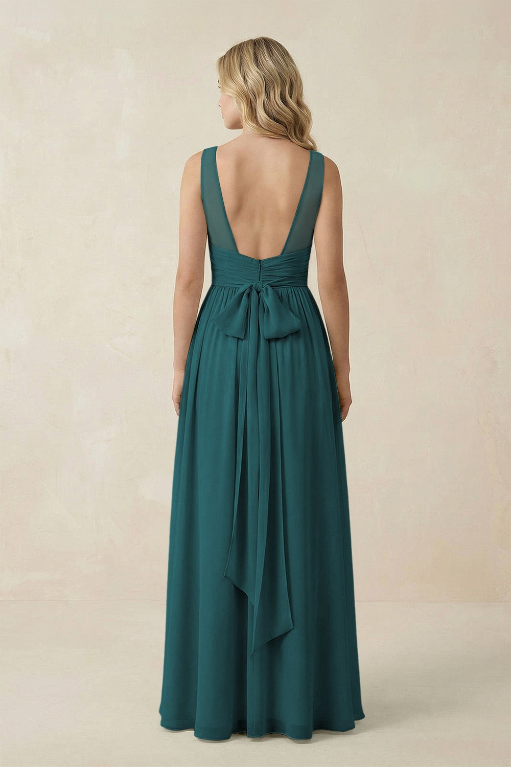 V - Neck A - Line Bridesmaid Dress with Back Bow in Pine - SHE IS ME Bridesmaid Dresses
