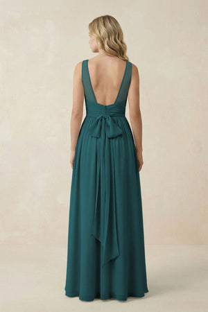 V - Neck A - Line Bridesmaid Dress with Back Bow in Pine - SHE IS ME Bridesmaid Dresses