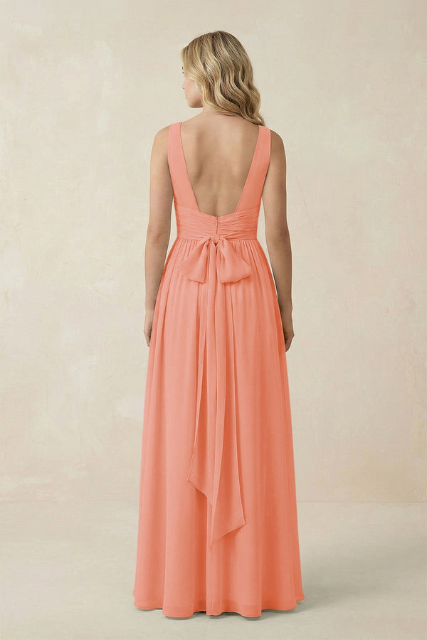 V - Neck A - Line Bridesmaid Dress with Back Bow in Rosette - SHE IS ME Bridesmaid Dresses
