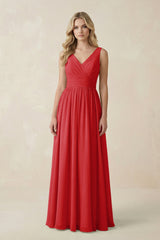 V - Neck A - Line Bridesmaid Dress with Back Bow in Ruby Red - KISS BRIDAL Bridesmaid Dresses