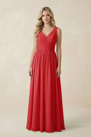 V - Neck A - Line Bridesmaid Dress with Back Bow in Ruby Red - SHE IS ME Bridesmaid Dresses