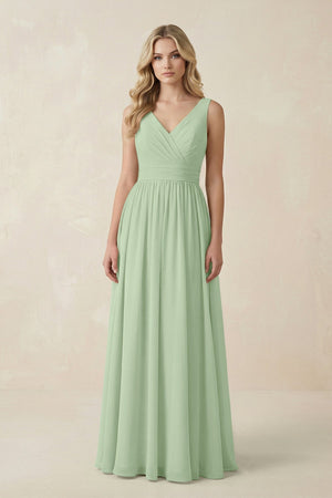 V - Neck A - Line Bridesmaid Dress with Back Bow in Sage - SHE IS ME Bridesmaid Dresses