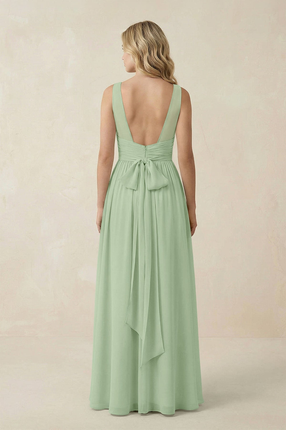 V - Neck A - Line Bridesmaid Dress with Back Bow in Sage - SHE IS ME Bridesmaid Dresses
