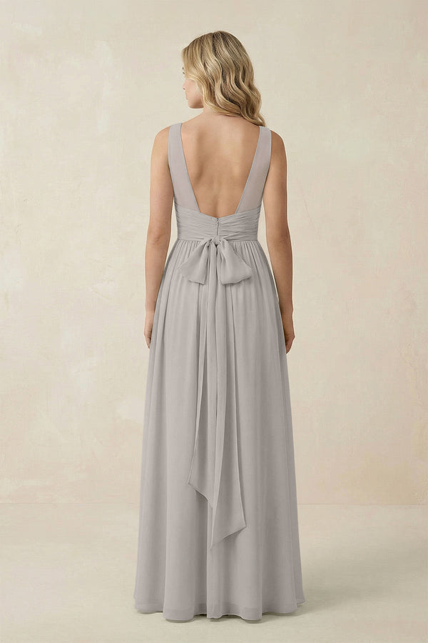 V - Neck A - Line Bridesmaid Dress with Back Bow in Silver - SHE IS ME Bridesmaid Dresses