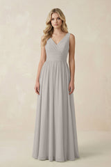 V - Neck A - Line Bridesmaid Dress with Back Bow in Silver - KISS BRIDAL Bridesmaid Dresses