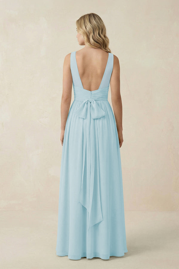 V - Neck A - Line Bridesmaid Dress with Back Bow in Sky Blue - SHE IS ME Bridesmaid Dresses