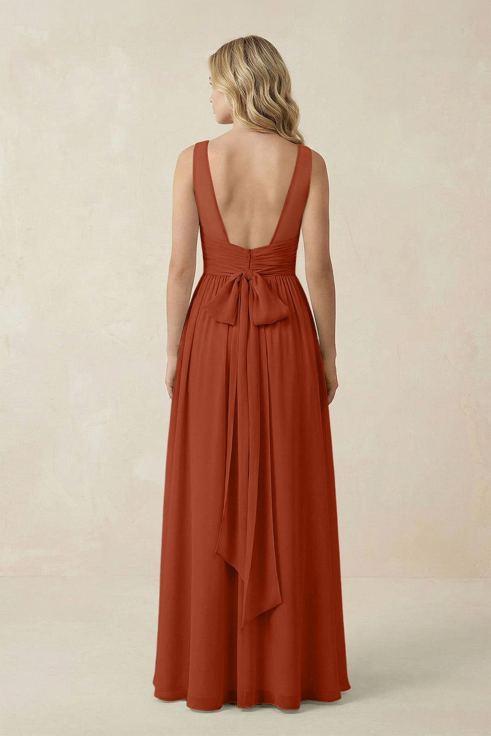 V - Neck A - Line Bridesmaid Dress with Back Bow in Spice - SHE IS ME Bridesmaid Dresses