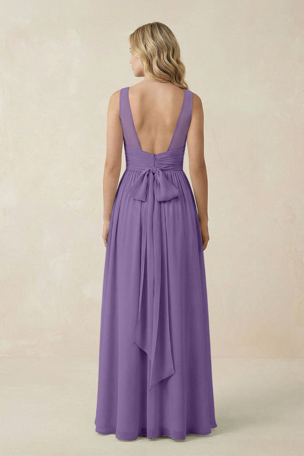 V - Neck A - Line Bridesmaid Dress with Back Bow in Tahiti - SHE IS ME Bridesmaid Dresses