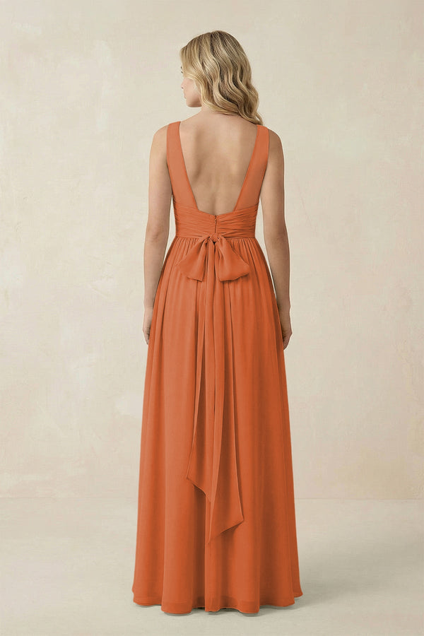 V - Neck A - Line Bridesmaid Dress with Back Bow in Terracotta - SHE IS ME Bridesmaid Dresses