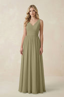 V - Neck A - Line Bridesmaid Dress with Back Bow in Thyme - SHE IS ME Bridesmaid Dresses