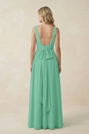 V - Neck A - Line Bridesmaid Dress with Back Bow in Turquoise - SHE IS ME Bridesmaid Dresses