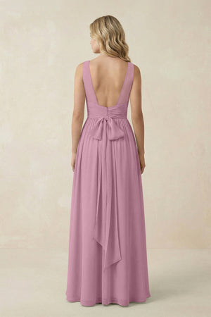 V - Neck A - Line Bridesmaid Dress with Back Bow in Vintage Mauve - KISS BRIDAL Bridesmaid Dresses