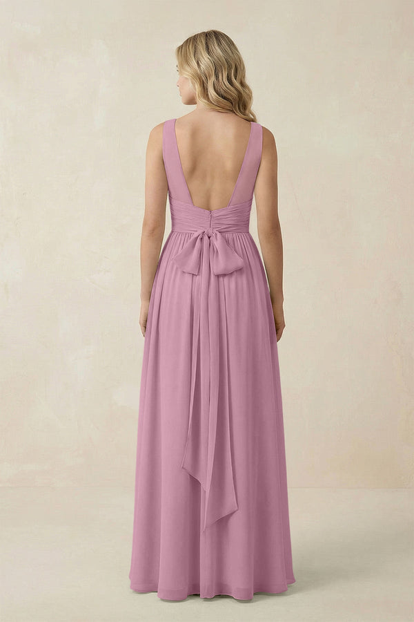 V - Neck A - Line Bridesmaid Dress with Back Bow in Vintage Mauve - KISS BRIDAL Bridesmaid Dresses