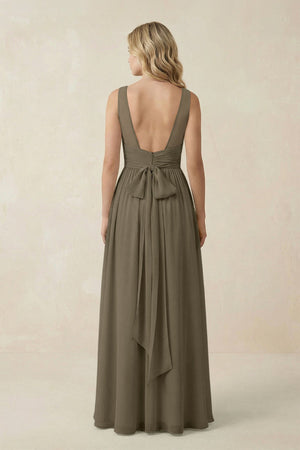 V - Neck A - Line Bridesmaid Dress with Back Bow in Willow Green - SHE IS ME Bridesmaid Dresses