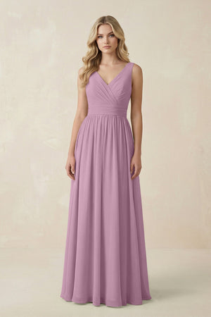 V - Neck A - Line Bridesmaid Dress with Back Bow in Wisteria - SHE IS ME Bridesmaid Dresses