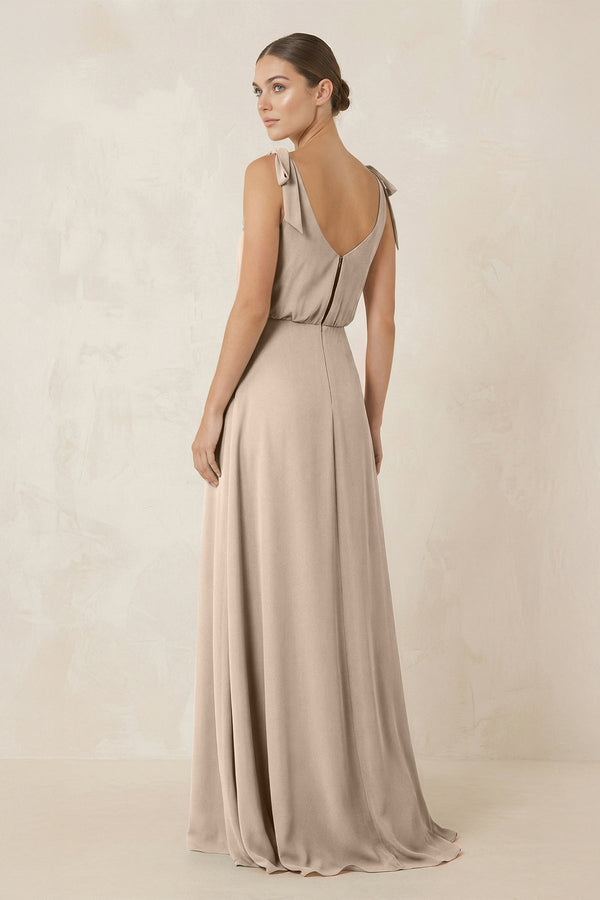 V - Neck A - Line Chiffon Bridesmaid Dress in Almond - SHE IS ME Bridesmaid Dresses