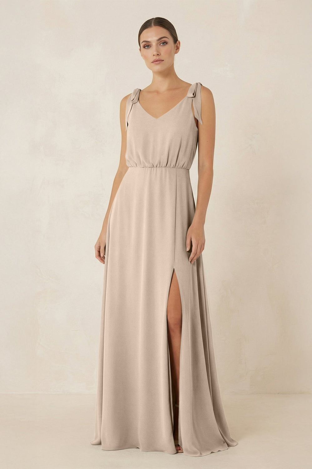 V - Neck A - Line Chiffon Bridesmaid Dress in Almond - KISS BRIDAL Bridesmaid Dresses