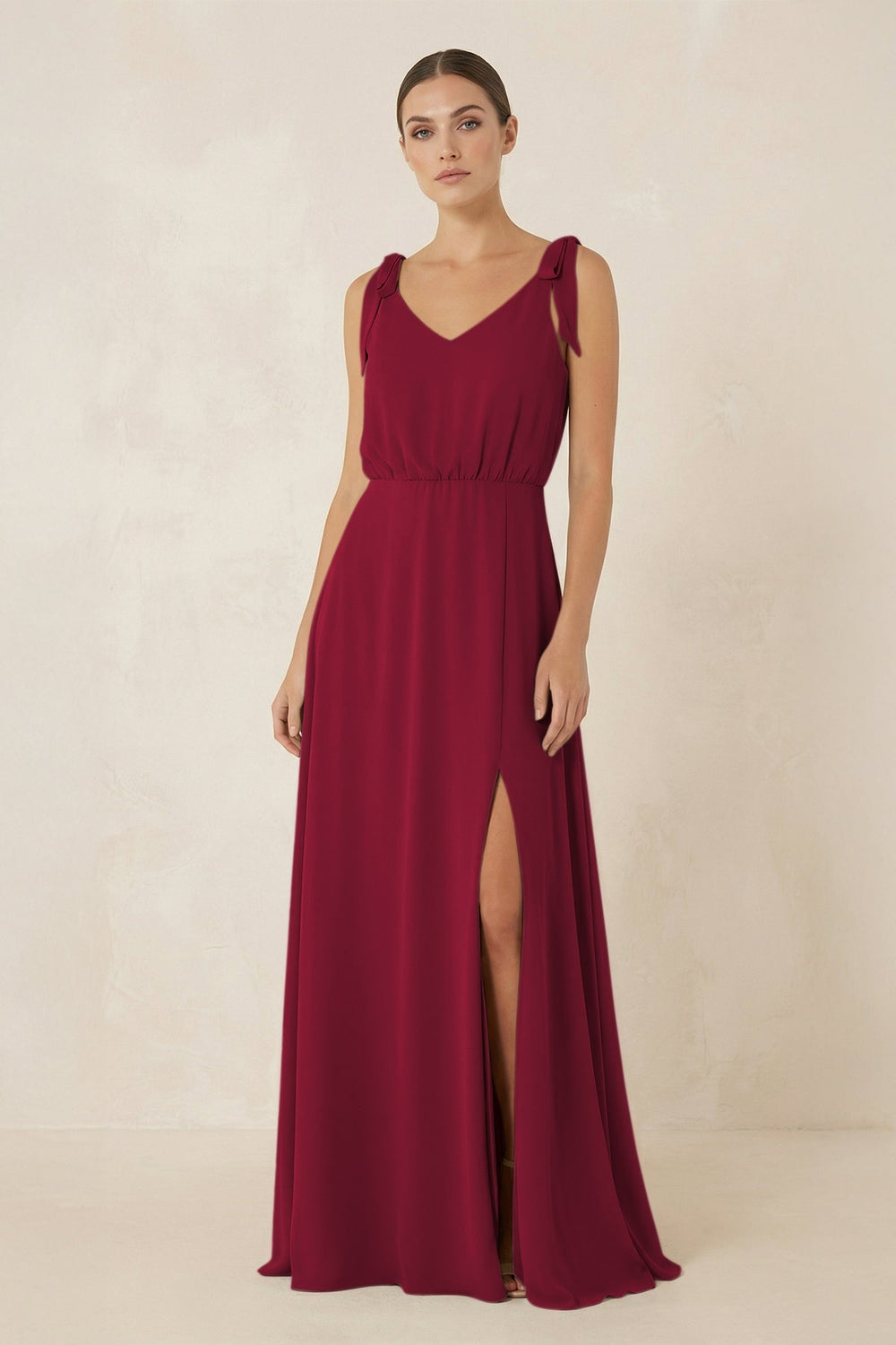 V - Neck A - Line Chiffon Bridesmaid Dress in Berry - SHE IS ME Bridesmaid Dresses