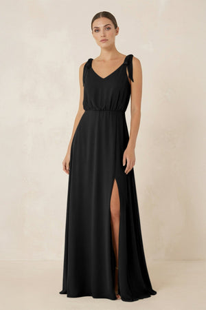 V - Neck A - Line Chiffon Bridesmaid Dress in Black - SHE IS ME Bridesmaid Dresses