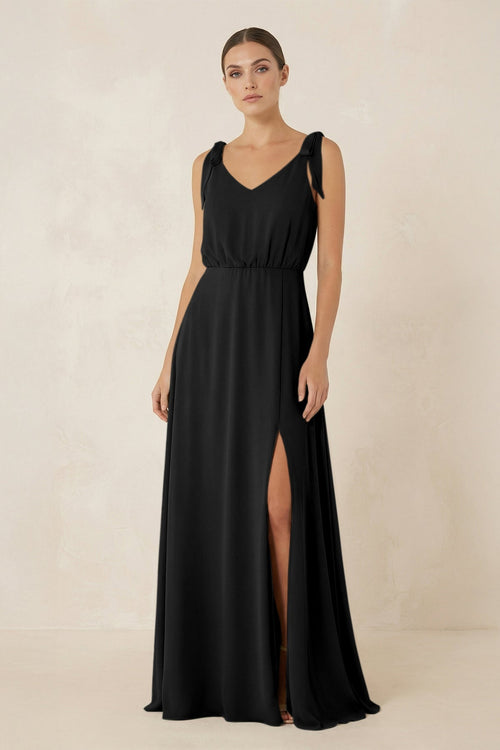 V - Neck A - Line Chiffon Bridesmaid Dress in Black - SHE IS ME Bridesmaid Dresses