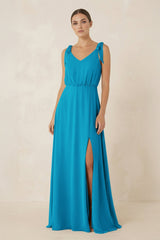 V - Neck A - Line Chiffon Bridesmaid Dress in Blue Jay - KISS BRIDAL Bridesmaid Dresses