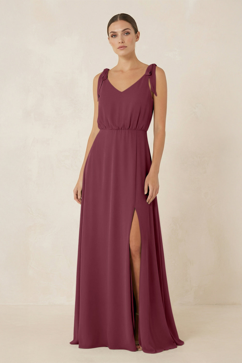 V-Neck A-Line Chiffon Bridesmaid Dress in Desert Rose