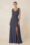 V - Neck A - Line Chiffon Bridesmaid Dress in Dusk Blue - SHE IS ME Bridesmaid Dresses
