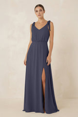 V - Neck A - Line Chiffon Bridesmaid Dress in Dusk Blue - KISS BRIDAL Bridesmaid Dresses