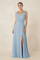 V - Neck A - Line Chiffon Bridesmaid Dress in Dusty Blue - SHE IS ME Bridesmaid Dresses
