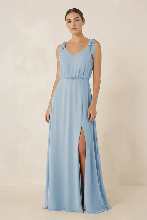 V - Neck A - Line Chiffon Bridesmaid Dress in Dusty Blue - SHE IS ME Bridesmaid Dresses