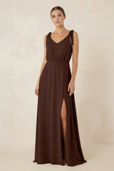 V - Neck A - Line Chiffon Bridesmaid Dress in Espresso - KISS BRIDAL Bridesmaid Dresses