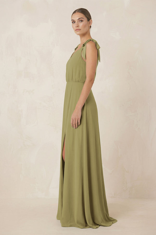 V-Neck A-Line Chiffon Bridesmaid Dress in Moss Green (3) | KISSBRIDAL