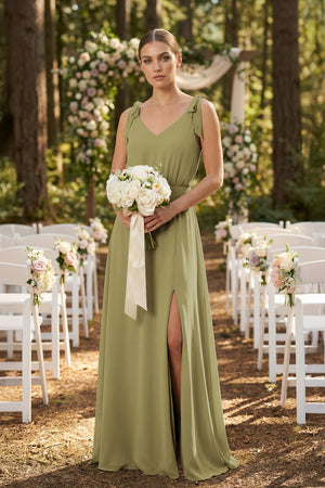 V-Neck A-Line Chiffon Bridesmaid Dress in Moss Green (4) | KISSBRIDAL