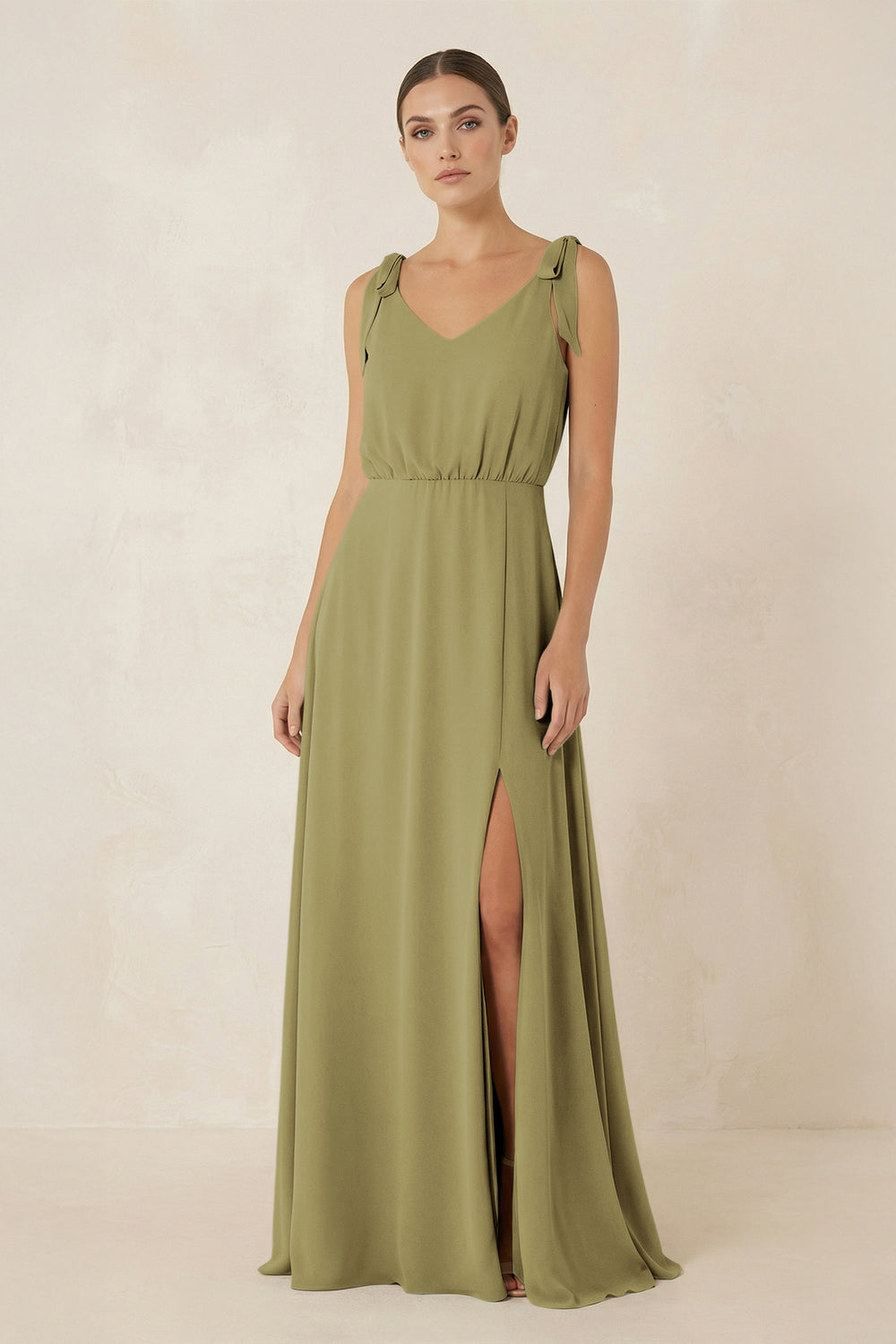 V-Neck A-Line Chiffon Bridesmaid Dress in Moss Green
