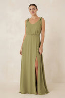 V-Neck A-Line Chiffon Bridesmaid Dress in Moss Green | KISSBRIDAL
