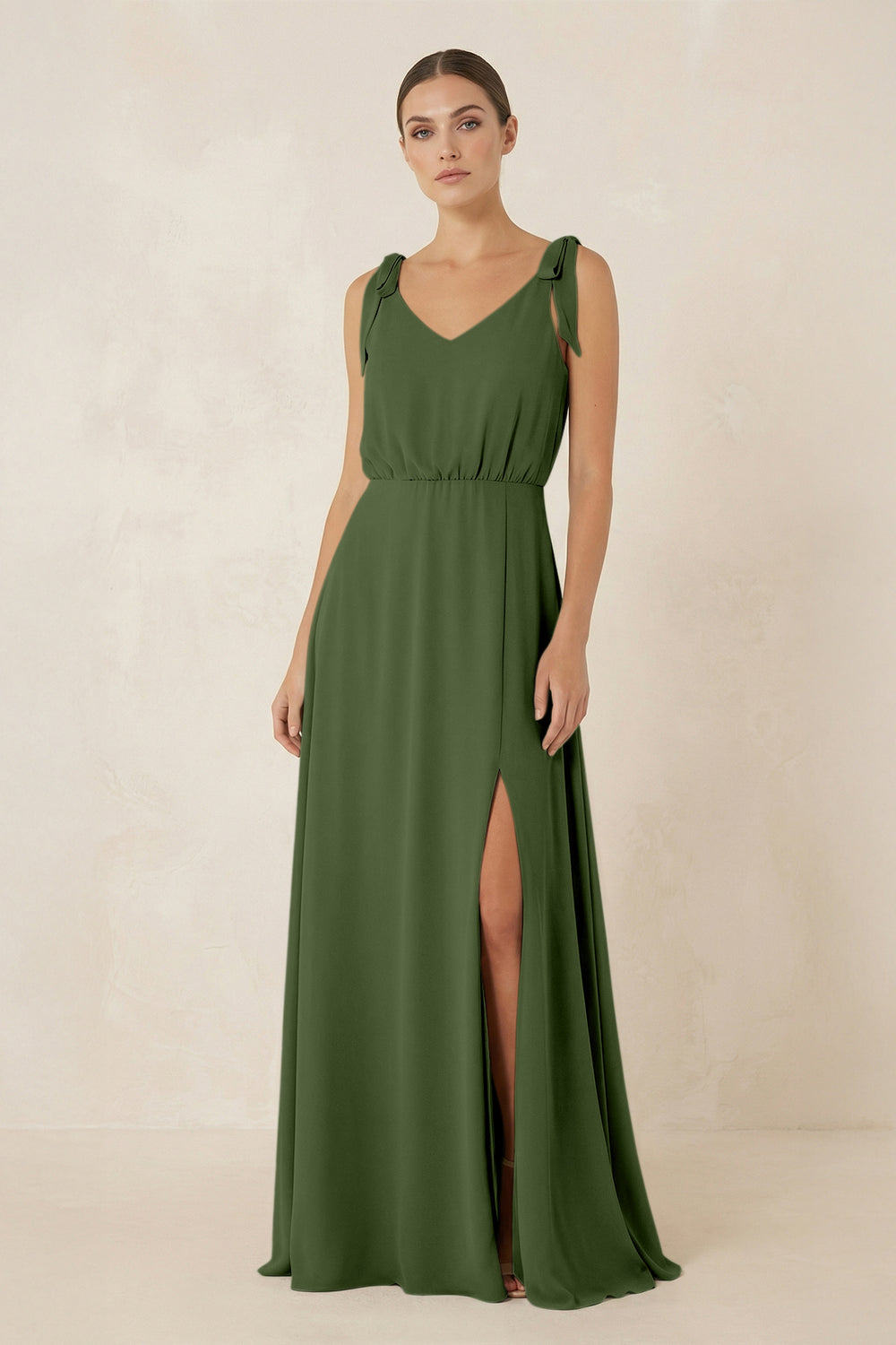 V-Neck A-Line Chiffon Bridesmaid Dress in Moss