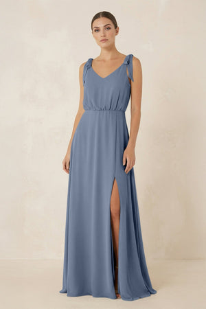 V - Neck A - Line Chiffon Bridesmaid Dress in Neptune - SHE IS ME Bridesmaid Dresses