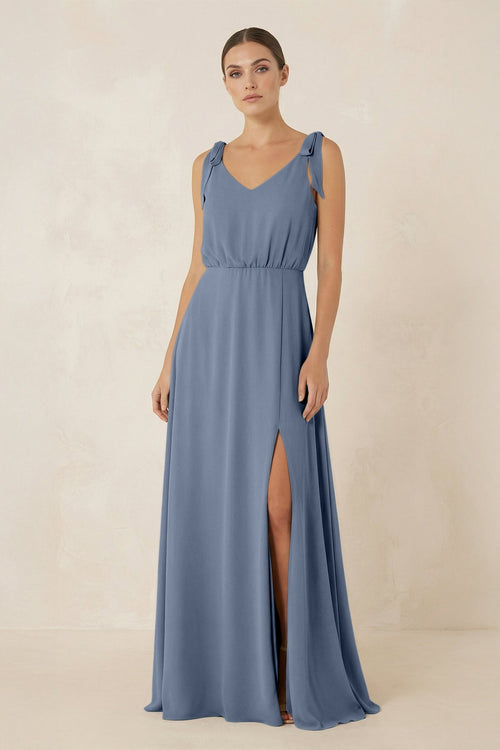 V - Neck A - Line Chiffon Bridesmaid Dress in Neptune - SHE IS ME Bridesmaid Dresses
