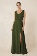 V - Neck A - Line Chiffon Bridesmaid Dress in Olive - SHE IS ME Bridesmaid Dresses