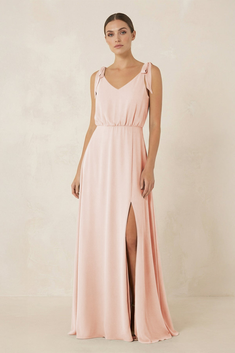 V - Neck A - Line Chiffon Bridesmaid Dress in Pale Blush - KISS BRIDAL Bridesmaid Dresses