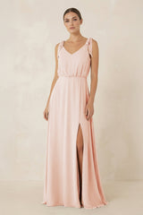 V - Neck A - Line Chiffon Bridesmaid Dress in Pale Blush - KISS BRIDAL Bridesmaid Dresses