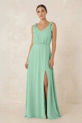V - Neck A - Line Chiffon Bridesmaid Dress in Pale Pistachio - KISS BRIDAL Bridesmaid Dresses