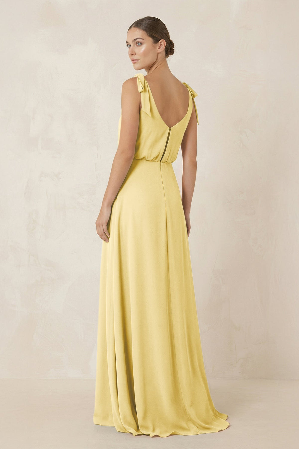 V - Neck A - Line Chiffon Bridesmaid Dress in Pastel Yellow - SHE IS ME Bridesmaid Dresses